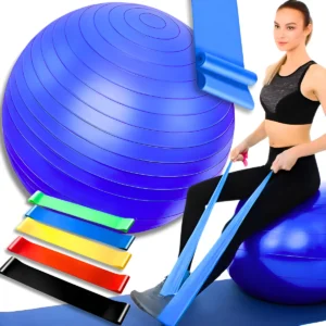 Kit Bola Suíça 65cm Pilates + Faixa Elástica + 5 Mini Bands Fitness