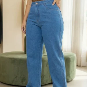Calça Jeans Plus Size Wide Leg Cintura Alta