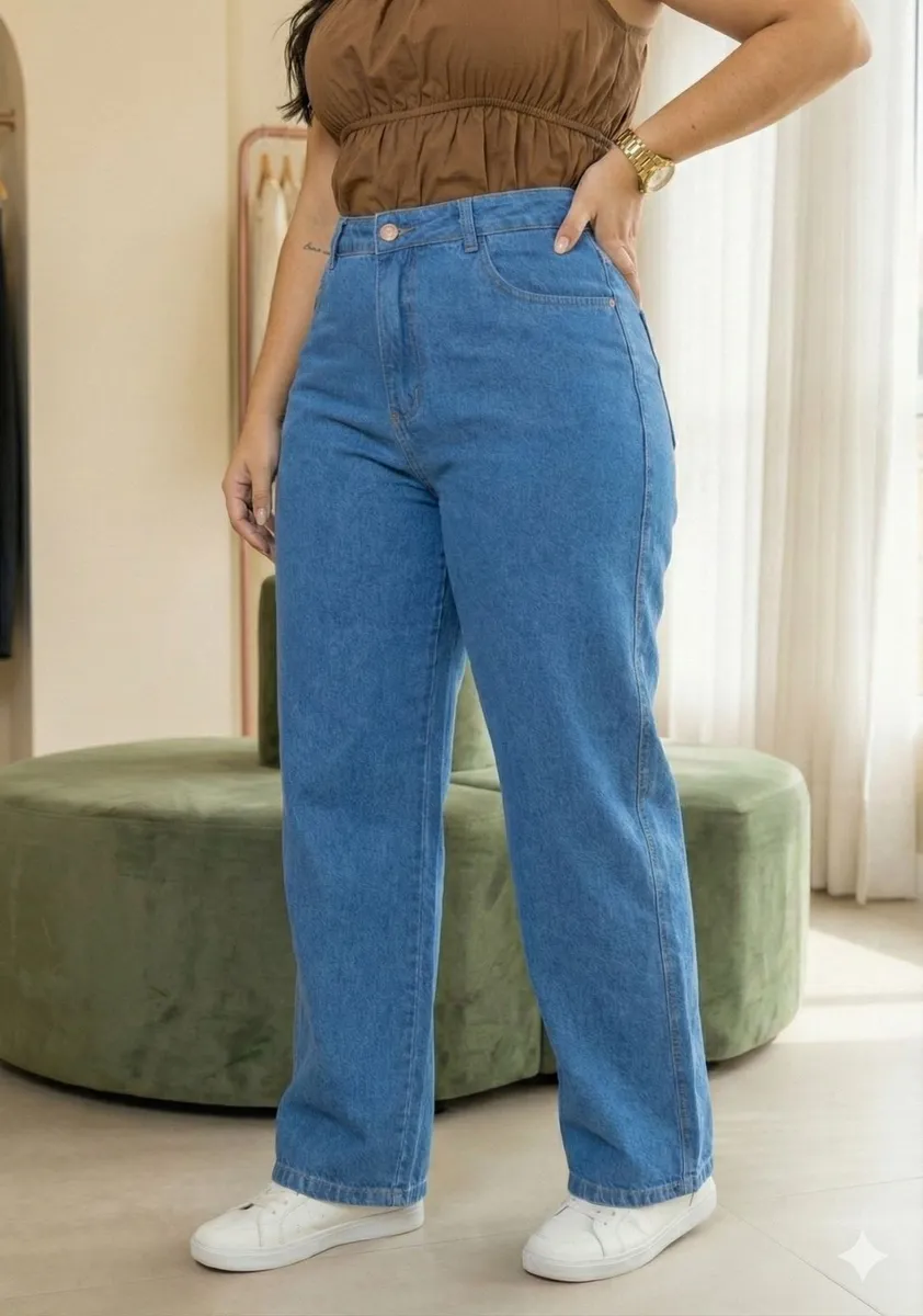 Calça Jeans Plus Size Wide Leg Cintura Alta