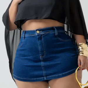 Short Saia Jeans Plus Size Feminino Cintura Alta com Lycra e Barra Desfiada