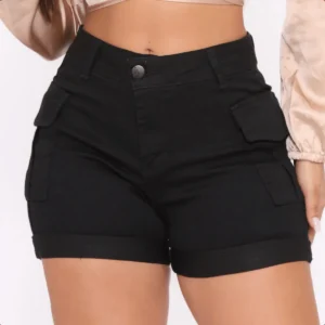 Short Jeans Feminino Cargo Cintura Alta com Lycra e Bolsos Laterais