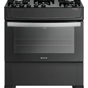 Fogão 5 Bocas Atlas Atenas Glass Preto A Gás com Mesa de Vidro e Mega Chama Bivolt