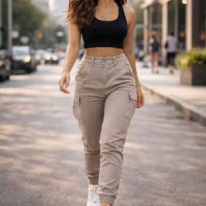 Calça Cargo Jogger Jeans Feminina Cintura Alta Lycra