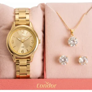 Relógio Condor Feminino Dourado + Colar e Brincos