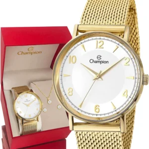 Relógio Champion Feminino Dourado + Colar e Brincos