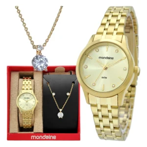Relógio Mondaine Feminino Dourado + Colar e Brincos