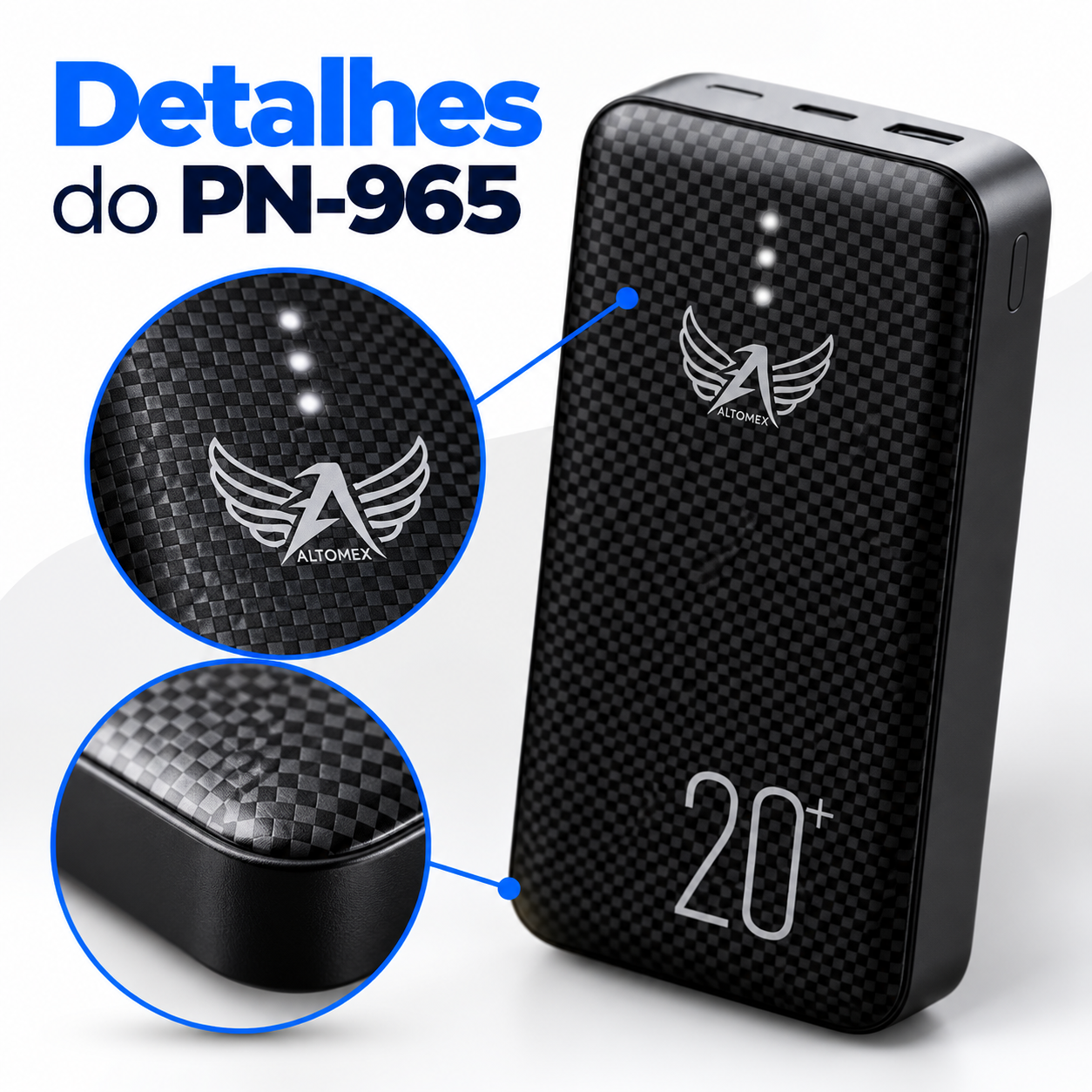 Power Bank 20000mAh Altomex PN-965 com 4 Saídas USB, V8, Tipo-C e Lightning