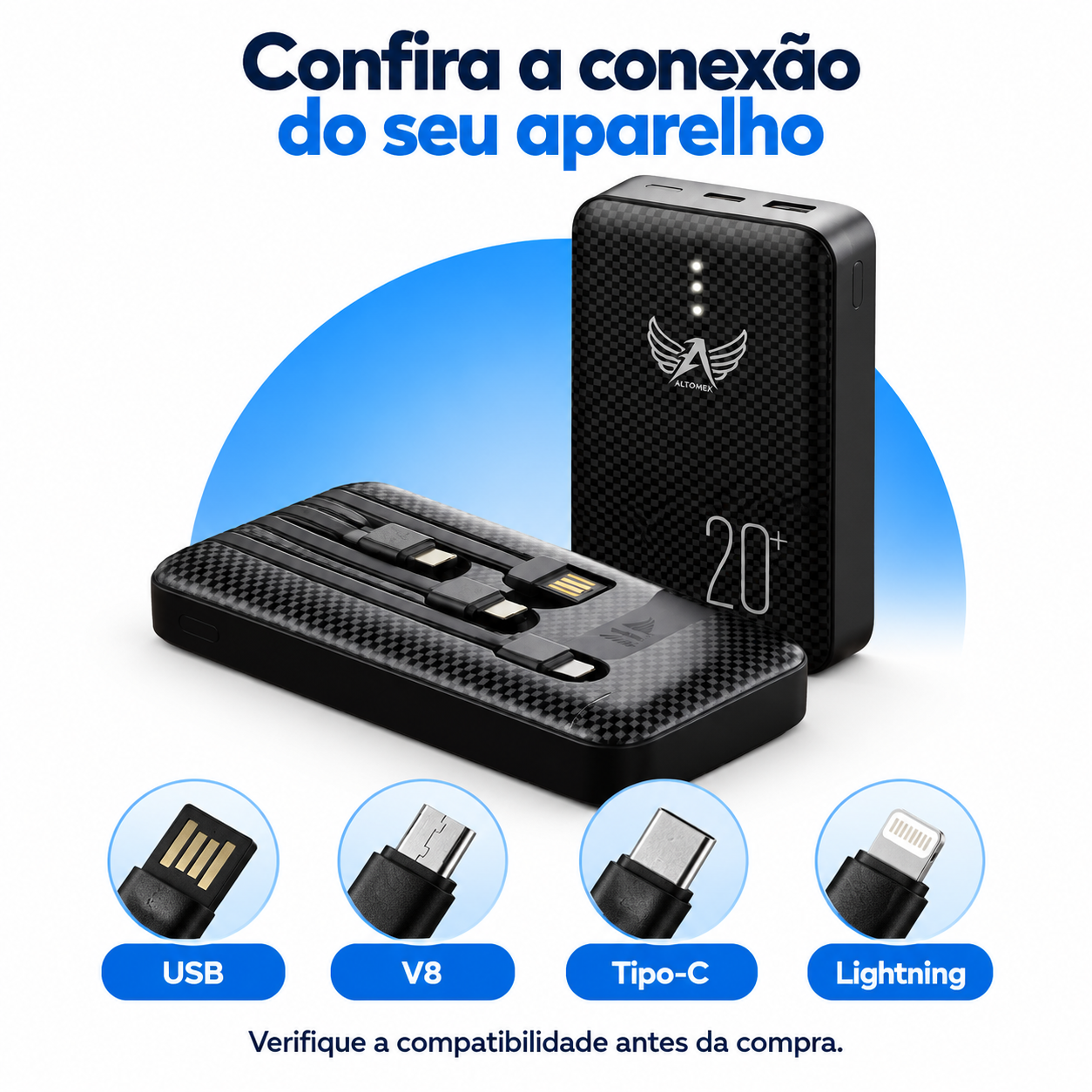 Power Bank 20000mAh Altomex PN-965 com 4 Saídas USB, V8, Tipo-C e Lightning