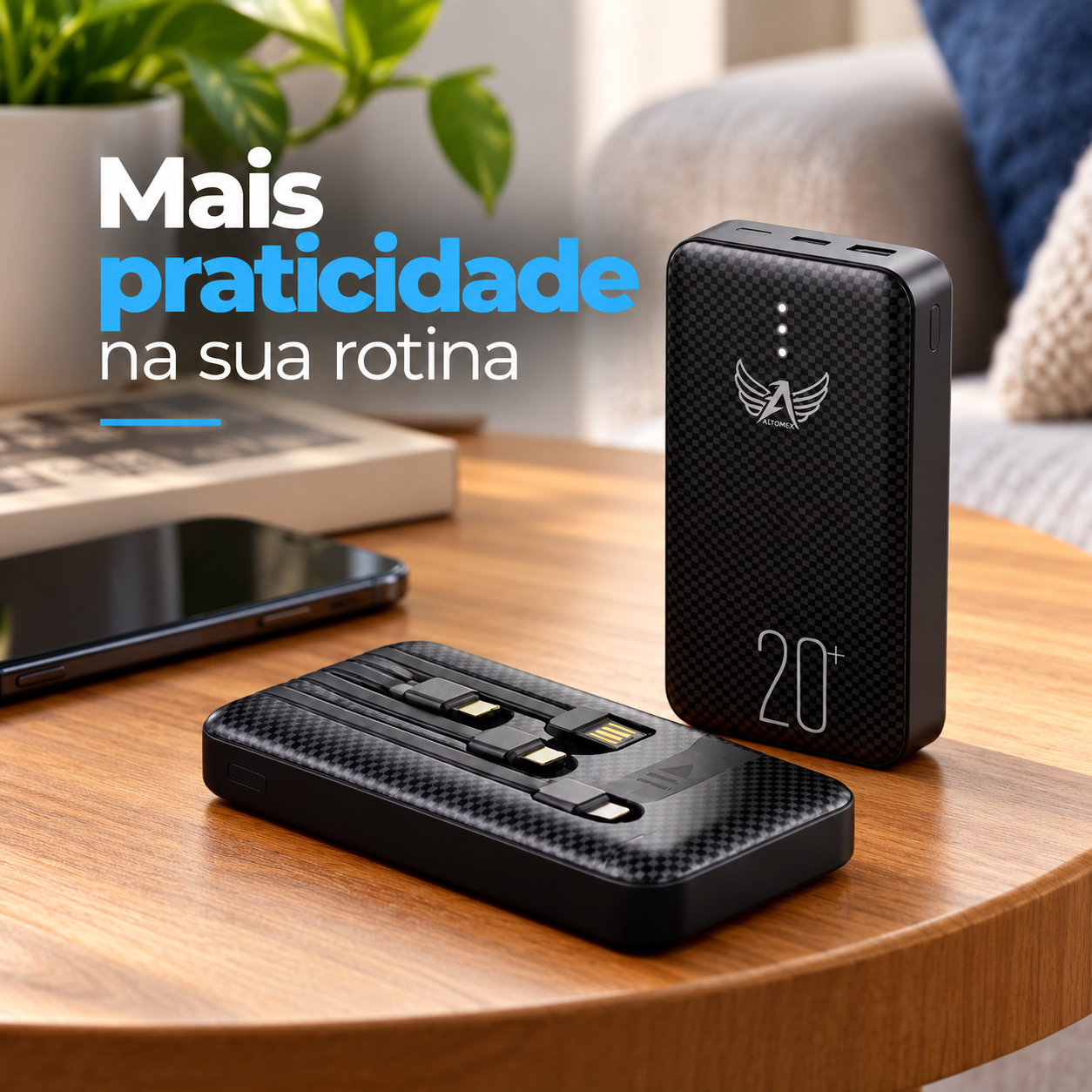Power Bank 20000mAh Altomex PN-965 com 4 Saídas USB, V8, Tipo-C e Lightning