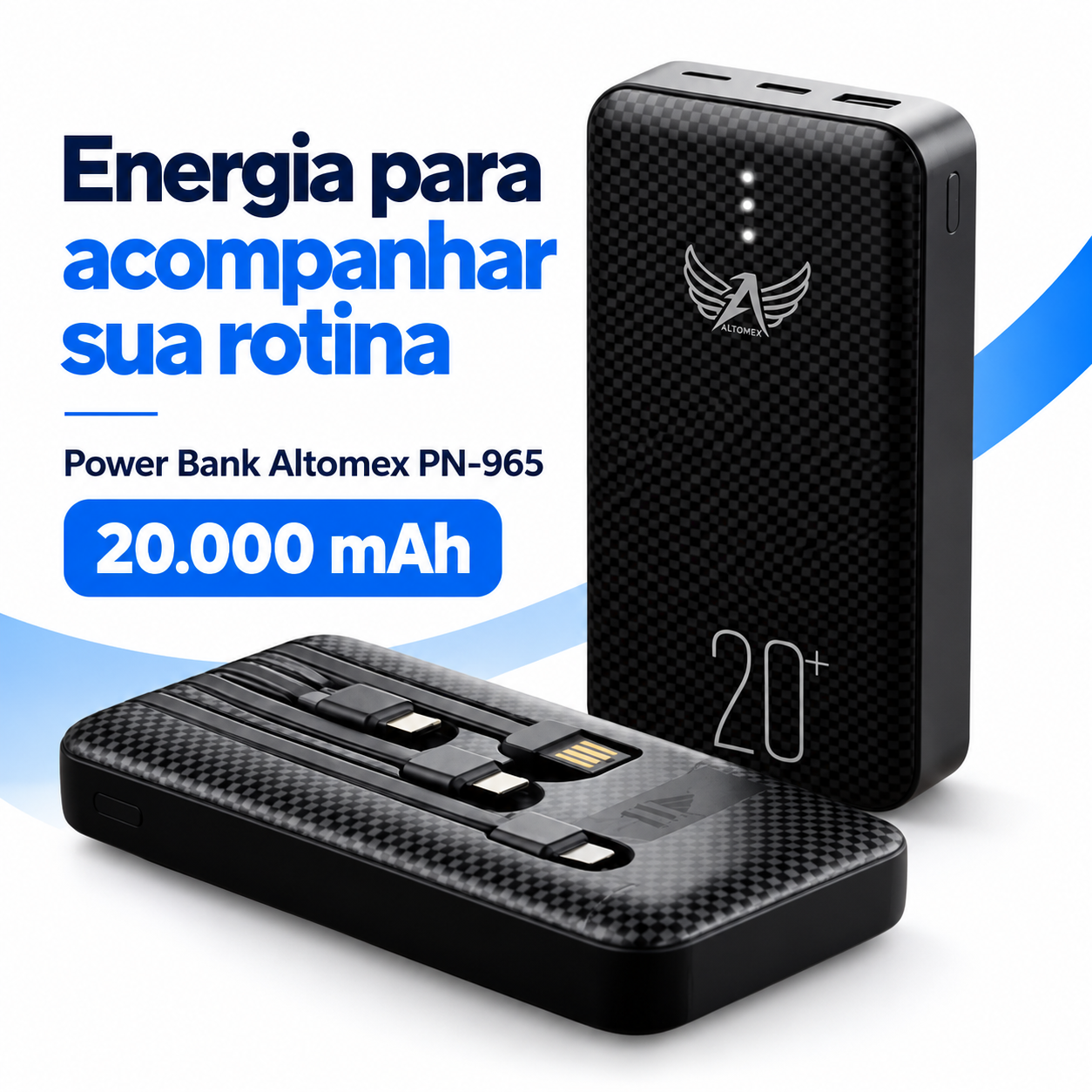 Power Bank 20000mAh Altomex PN-965 com 4 Saídas USB, V8, Tipo-C e Lightning