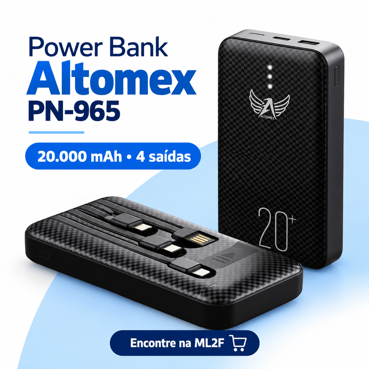 Power Bank 20000mAh Altomex PN-965 com 4 Saídas USB, V8, Tipo-C e Lightning