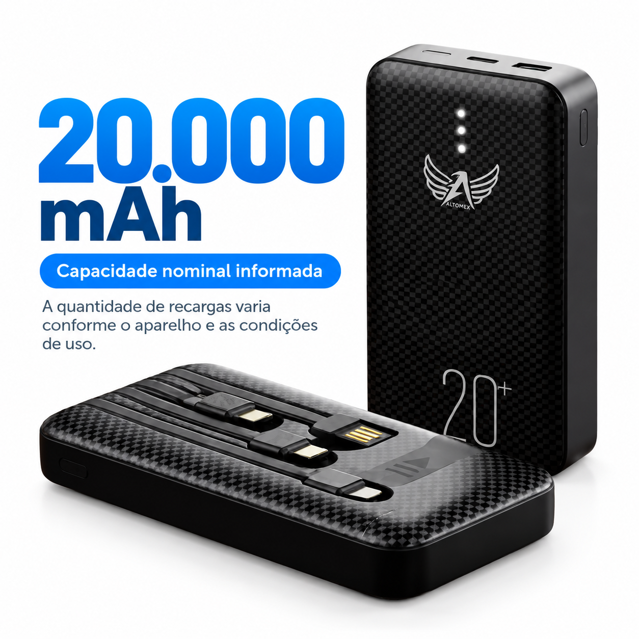 Power Bank 20000mAh Altomex PN-965 com 4 Saídas USB, V8, Tipo-C e Lightning