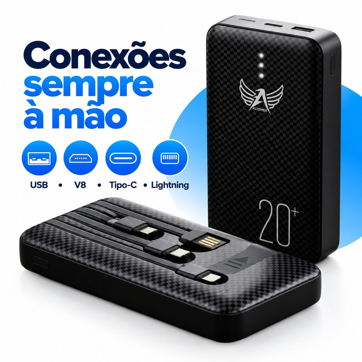 Power Bank 20000mAh Altomex PN-965 com 4 Saídas USB, V8, Tipo-C e Lightning