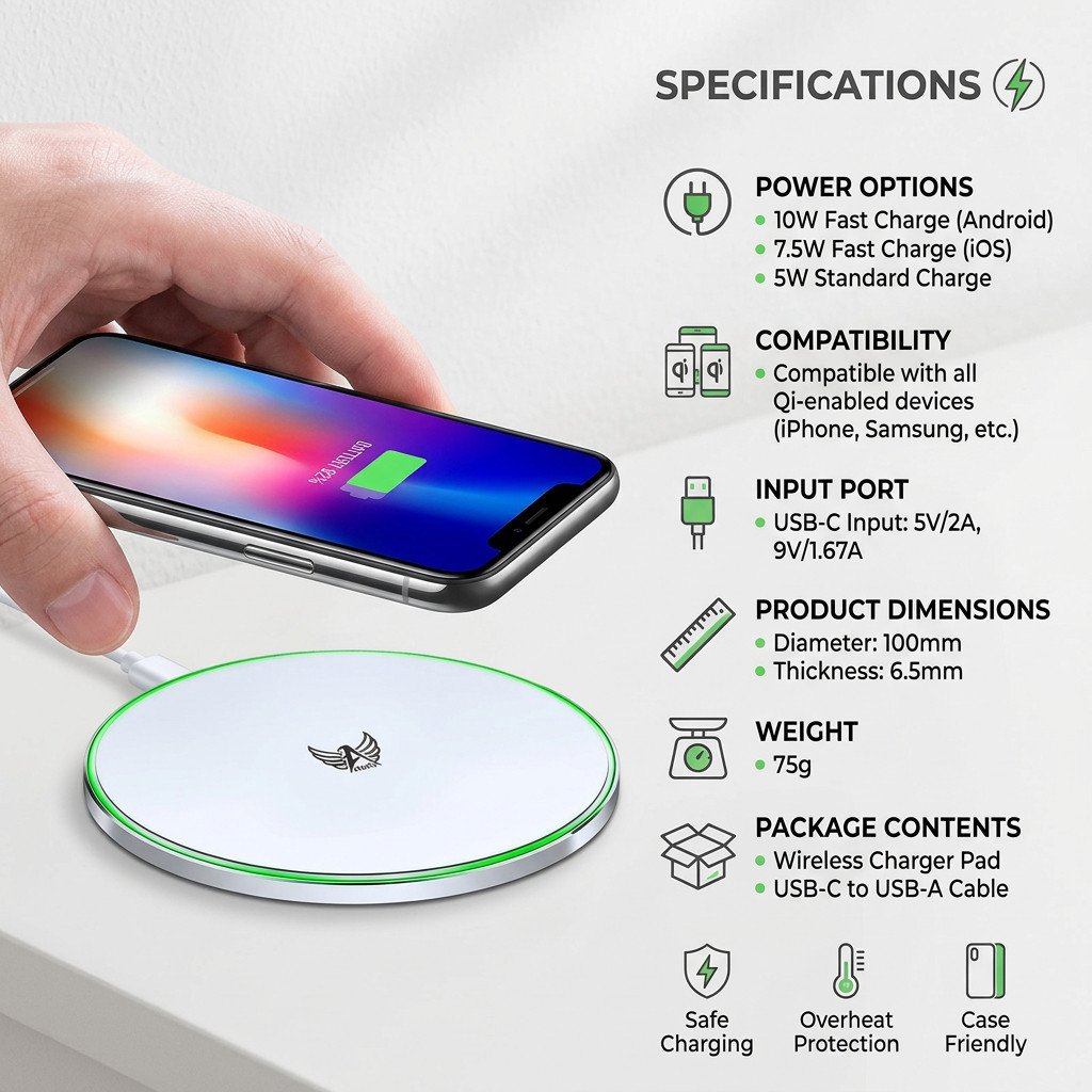 Carregador Rápido por Indução Sem Fio 15W Altomex AW-69 LED Fast Charge Compatível com Tecnologia Qi