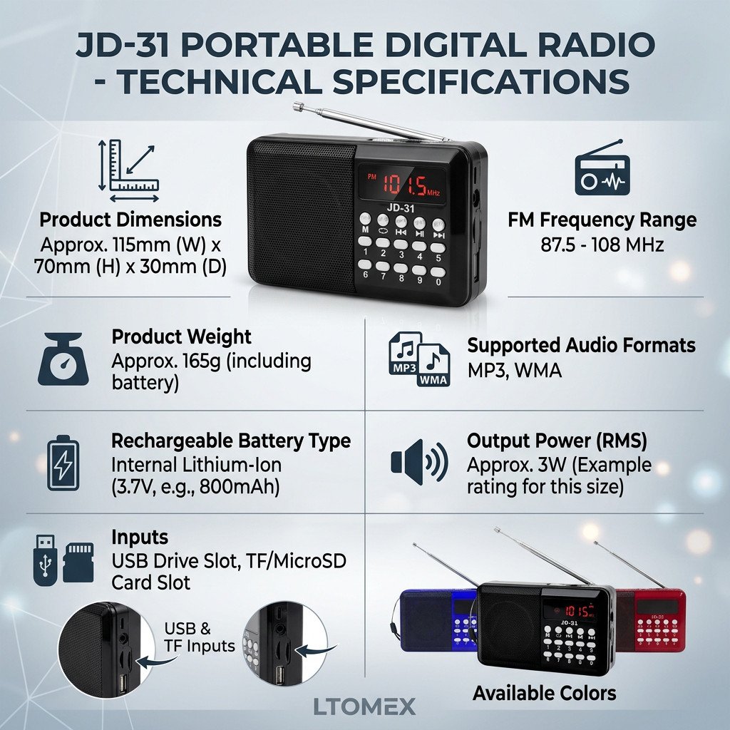 Rádio Portátil Bluetooth Altomex JD-31 FM Digital Recarregável USB Micro SD Bateria Interna