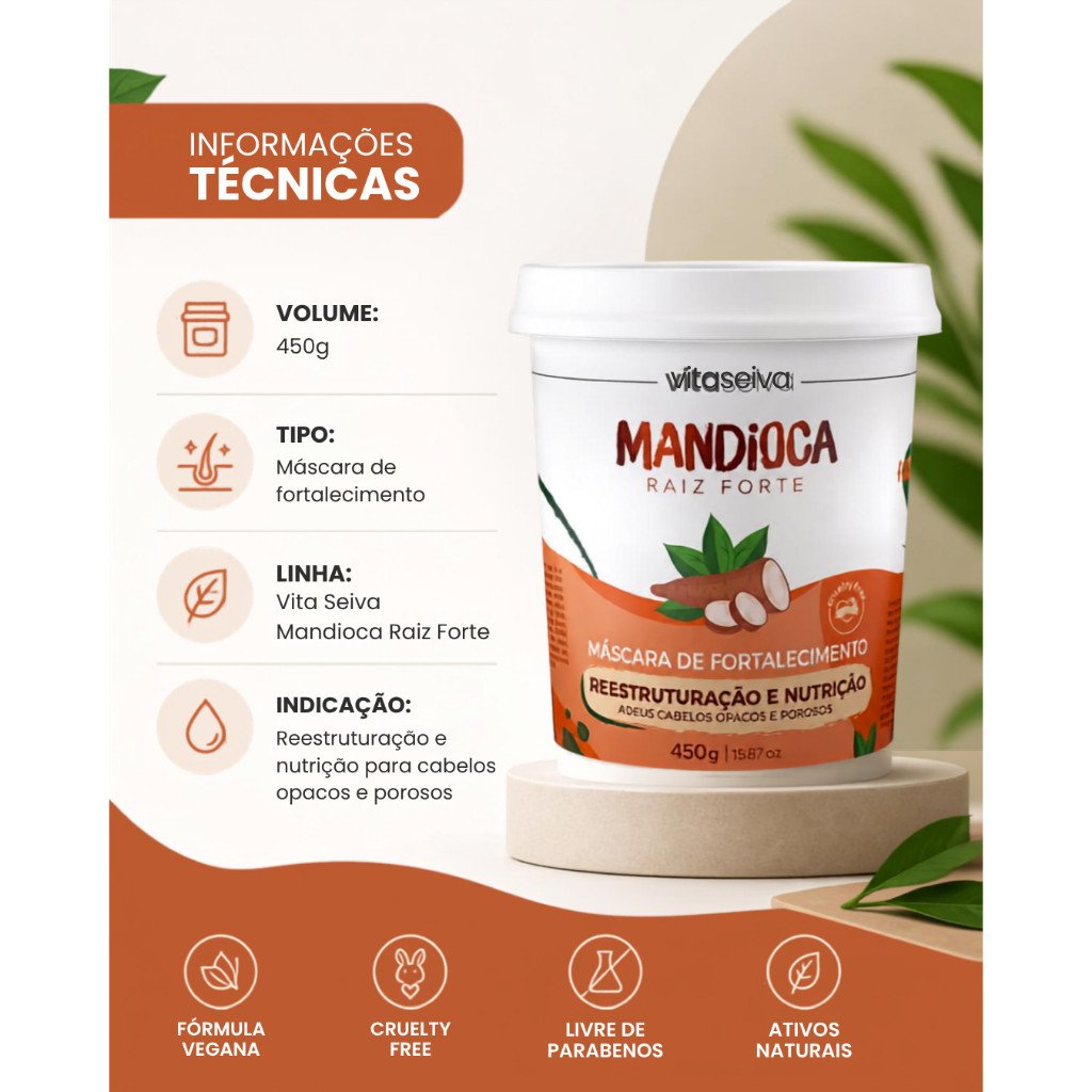 Máscara Capilar de Mandioca Vita Seiva Raiz Forte 450g Fortalecimento e Nutrição
