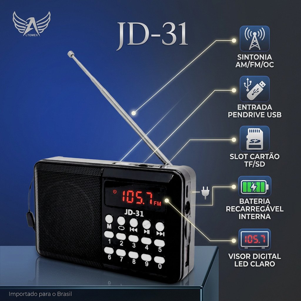 Rádio Portátil Bluetooth Altomex JD-31 FM Digital Recarregável USB Micro SD Bateria Interna