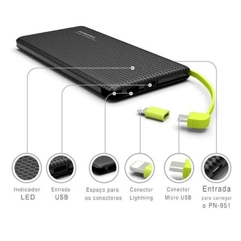 Carregador Portátil Power Bank 5000mAh Pineng PN-952 3 Saídas V8 Tipo-C Lightning Compacto Leve USB