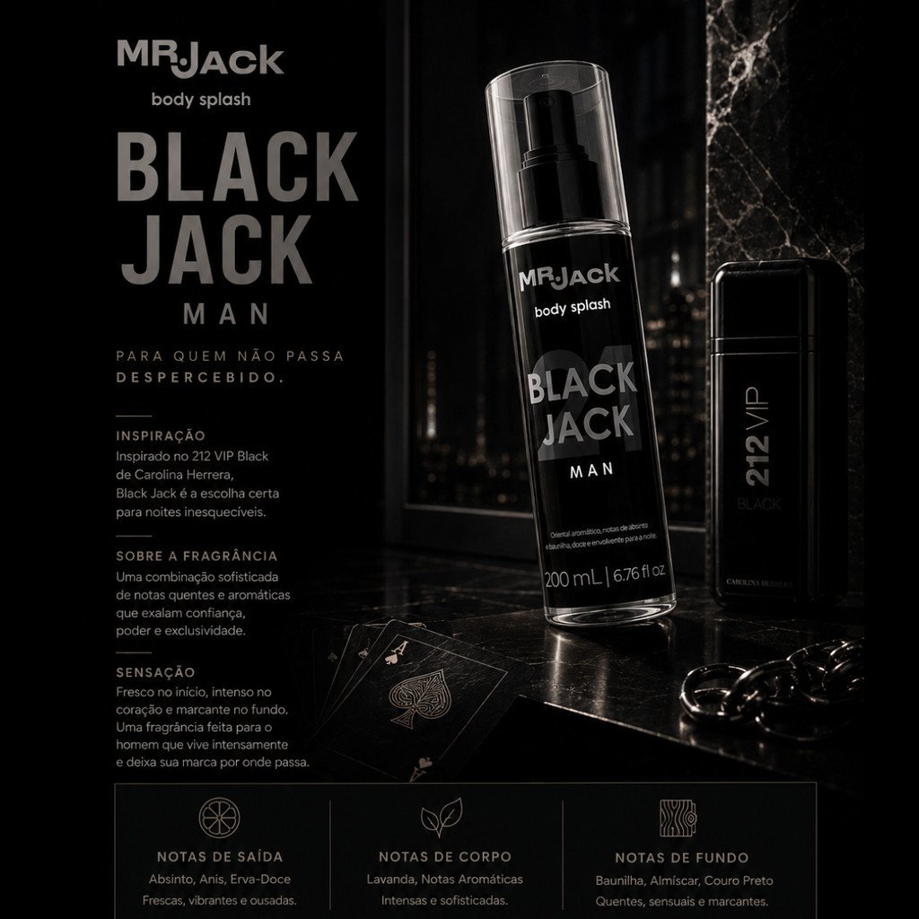 Body Splash Mr. Jack BlackJack 21 Man 200ml Oriental Aromático Masculino com Absinto e Baunilha