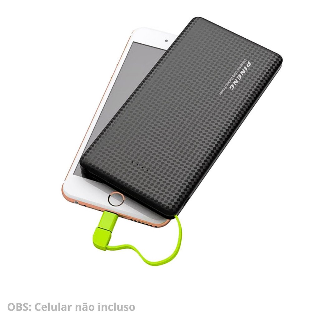 Carregador Portátil Power Bank 5000mAh Pineng PN-952 3 Saídas V8 Tipo-C Lightning Compacto Leve USB