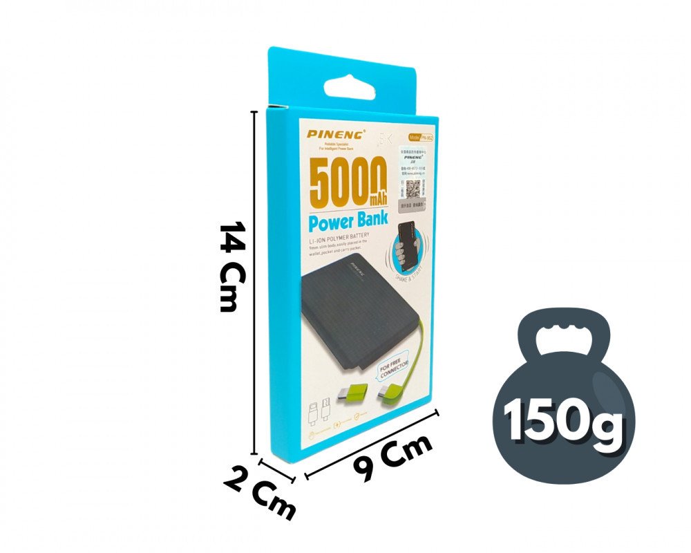 Carregador Portátil Power Bank 5000mAh Pineng PN-952 3 Saídas V8 Tipo-C Lightning Compacto Leve USB
