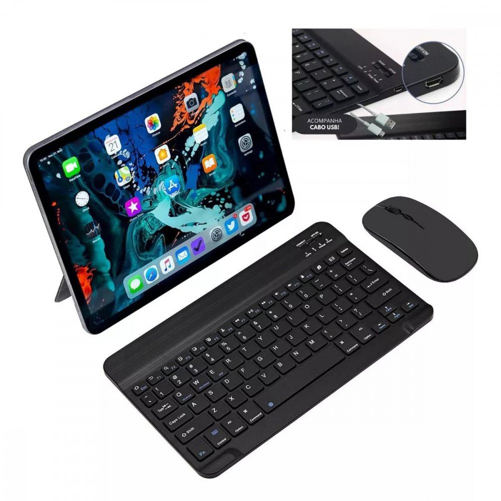 Teclado e Mouse Bluetooth Sem Fio GoldenUltra TX2382-XF Ultra Fino Recarregável Preto