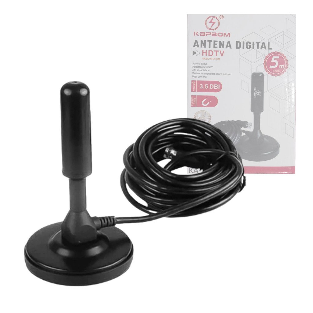 Antena Digital Interna HDTV Kapbom KA-1098 Cabo 5 Metros UHF VHF FM Base Magnética Sinal 360°