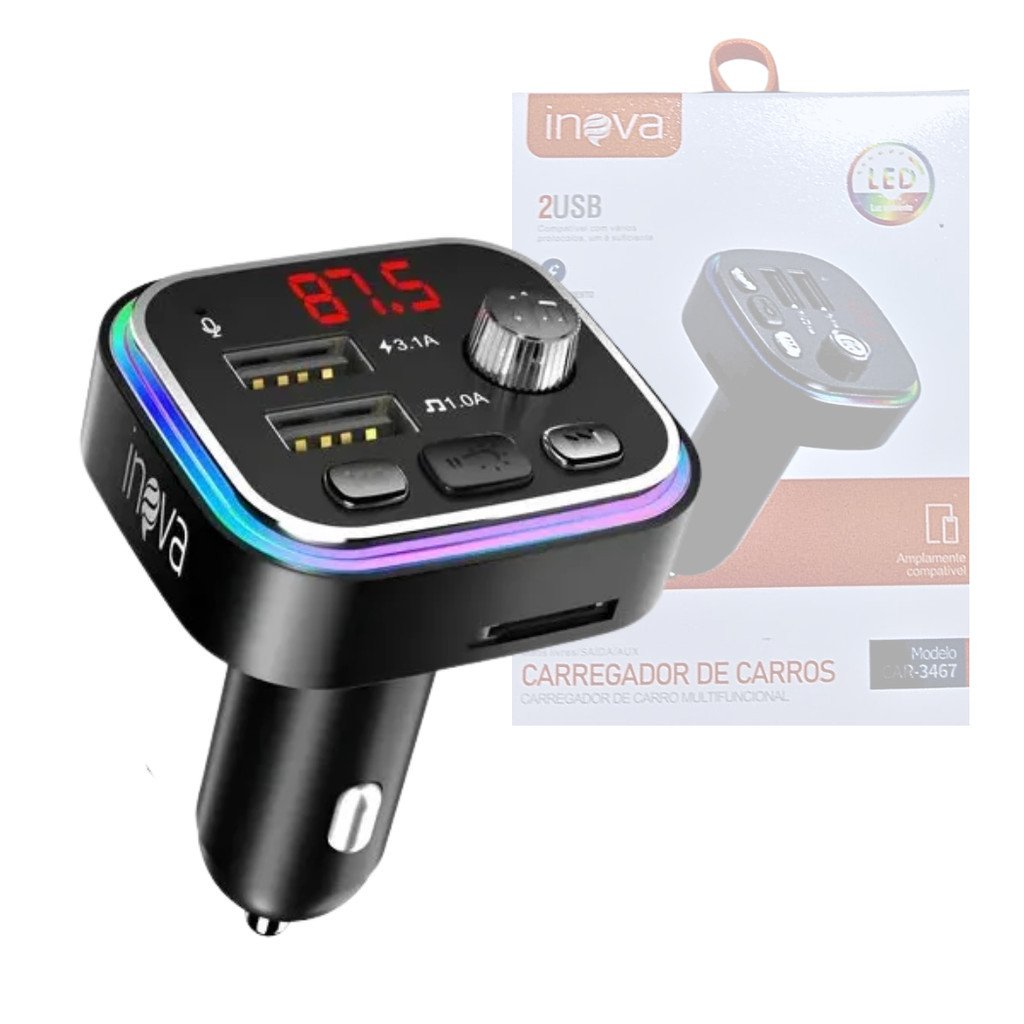 Transmissor Veicular Bluetooth INOVA CAR-3467 MP3 Player FM Carregador USB Duplo Mãos Livres