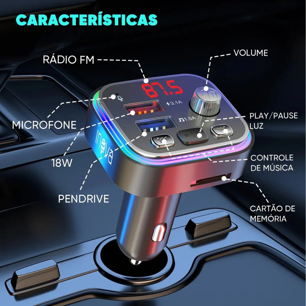 Transmissor Veicular Bluetooth INOVA CAR-3467 MP3 Player FM Carregador USB Duplo Mãos Livres