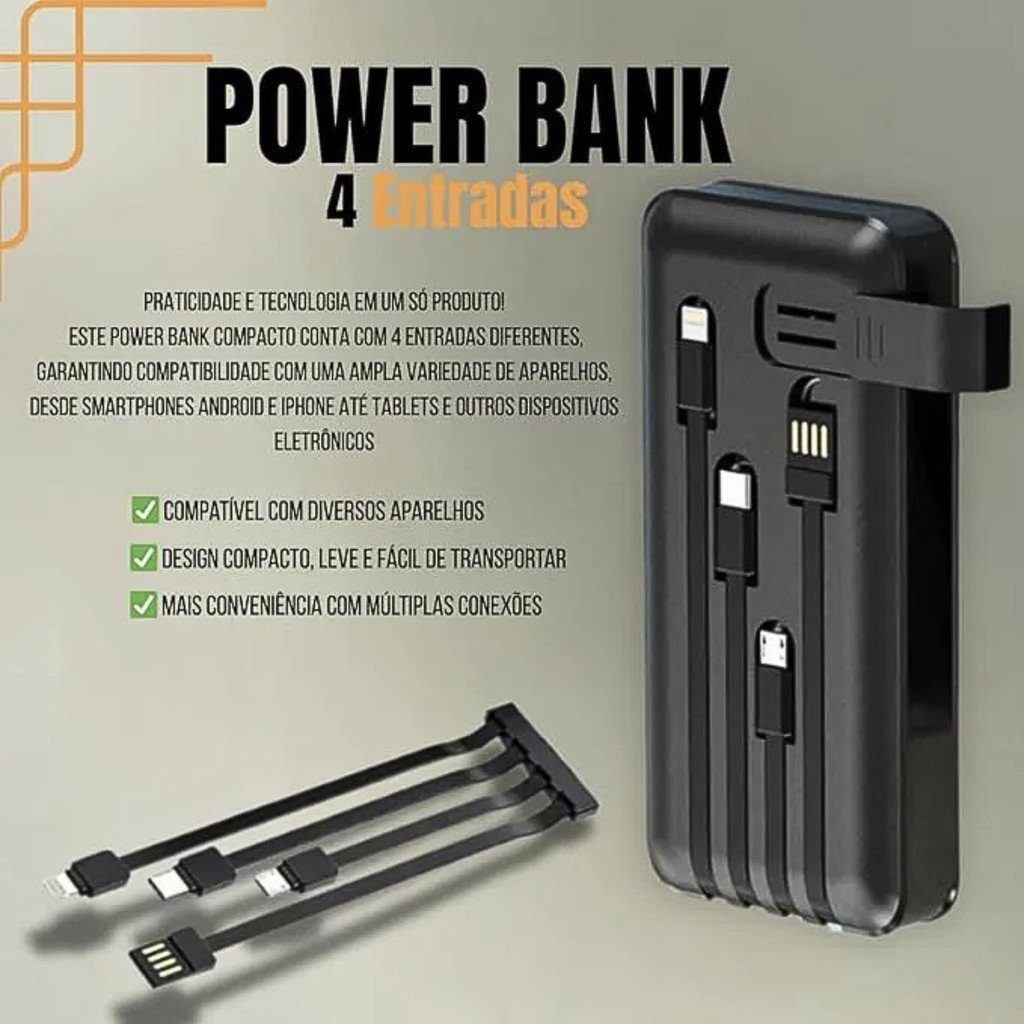 Carregador Power Bank 10000mAh Kapbom KA-966H Visor LED 4 Saídas USB Tipo-C Lightning V8 Cabos Integrados