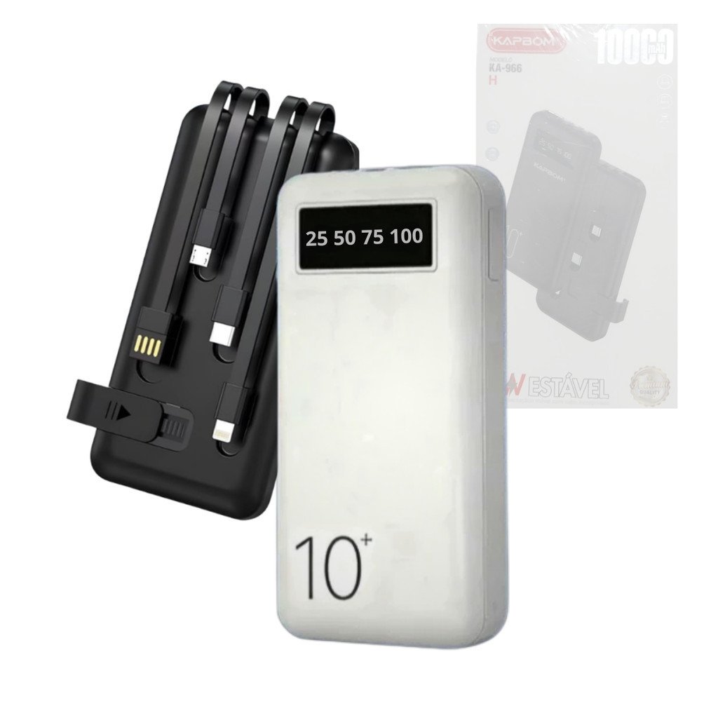 Carregador Power Bank 10000mAh Kapbom KA-966H Visor LED 4 Saídas USB Tipo-C Lightning V8 Cabos Integrados
