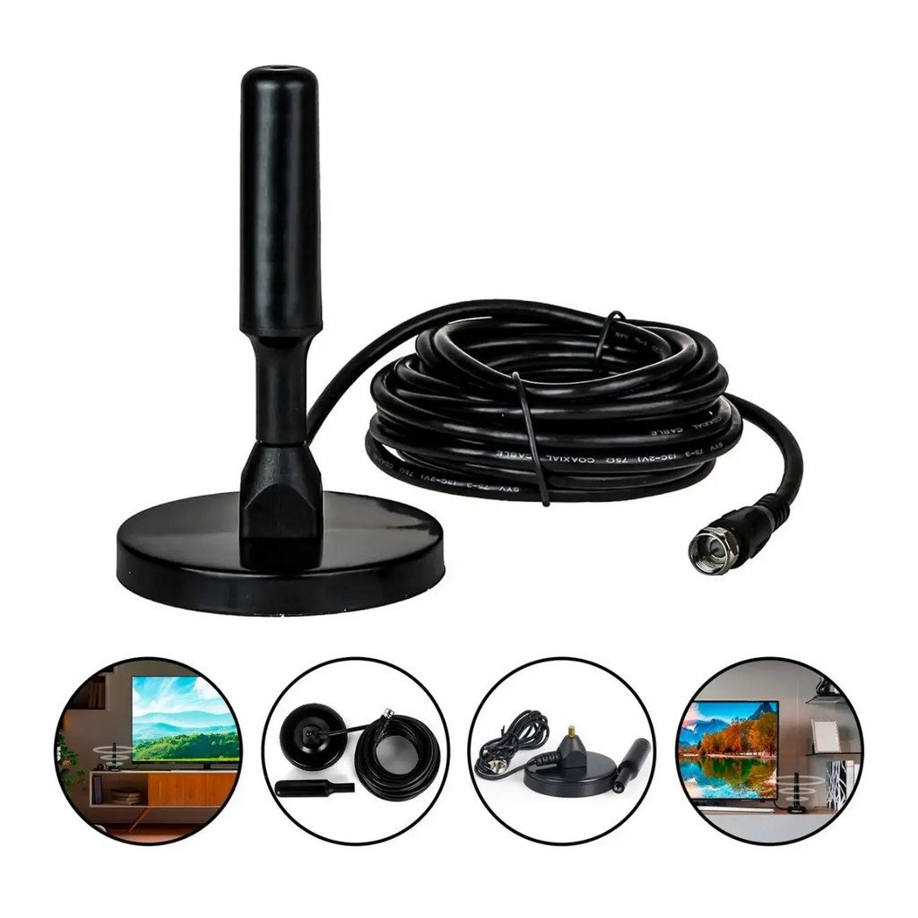 Antena Digital Interna HDTV Kapbom KA-1098 Cabo 5 Metros UHF VHF FM Base Magnética Sinal 360°