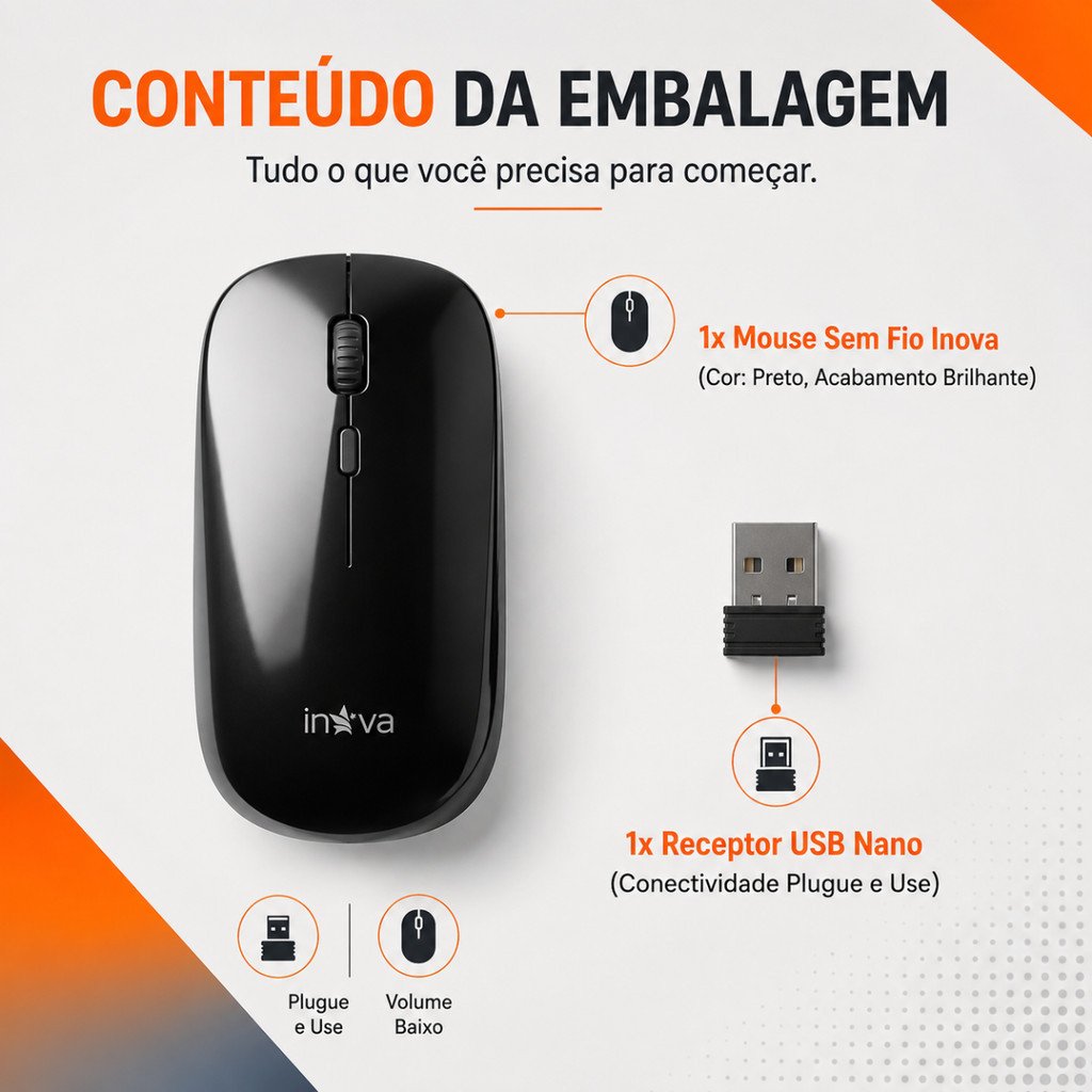 Mouse Sem Fio Inova M20090 2.4GHz Receptor USB Nano Compacto Silencioso Notebook PC