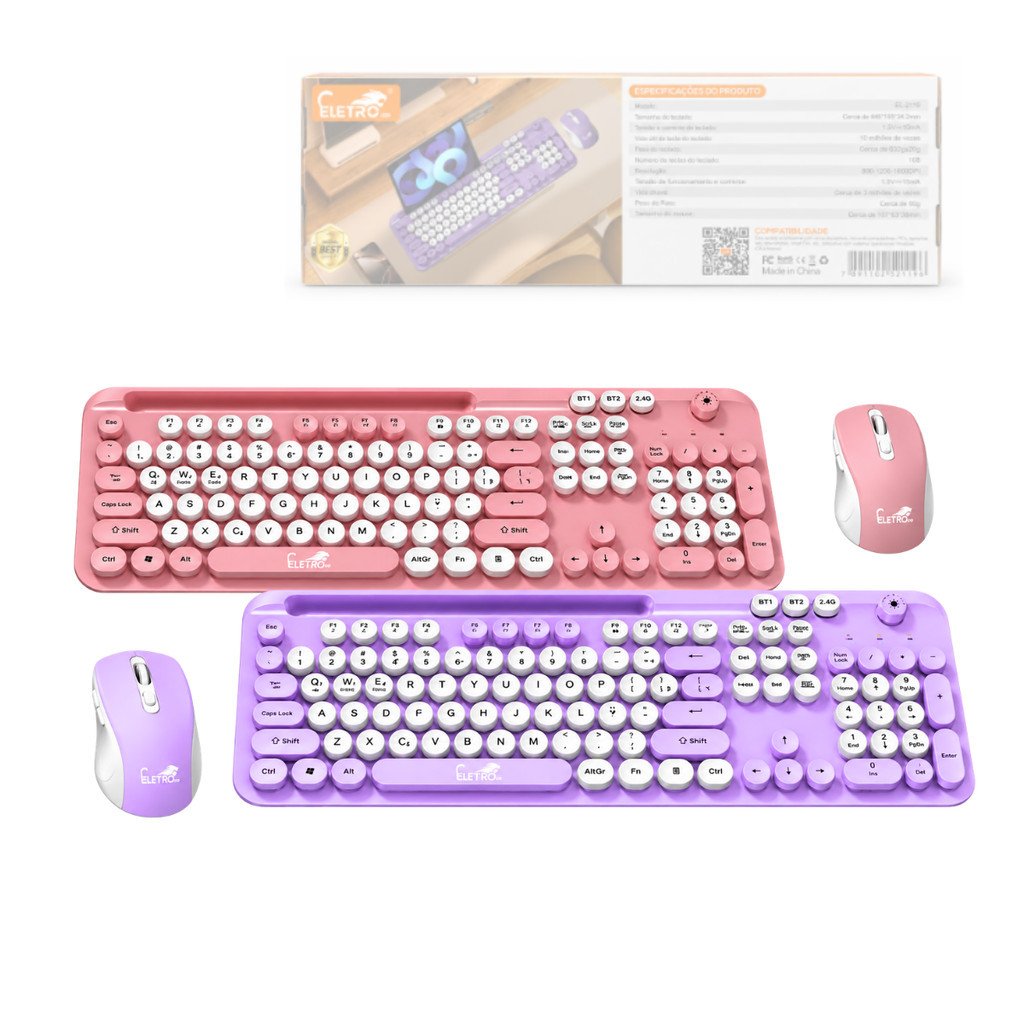 Kit Teclado e Mouse Sem Fio Bluetooth Rosa Eletromex EL-2119