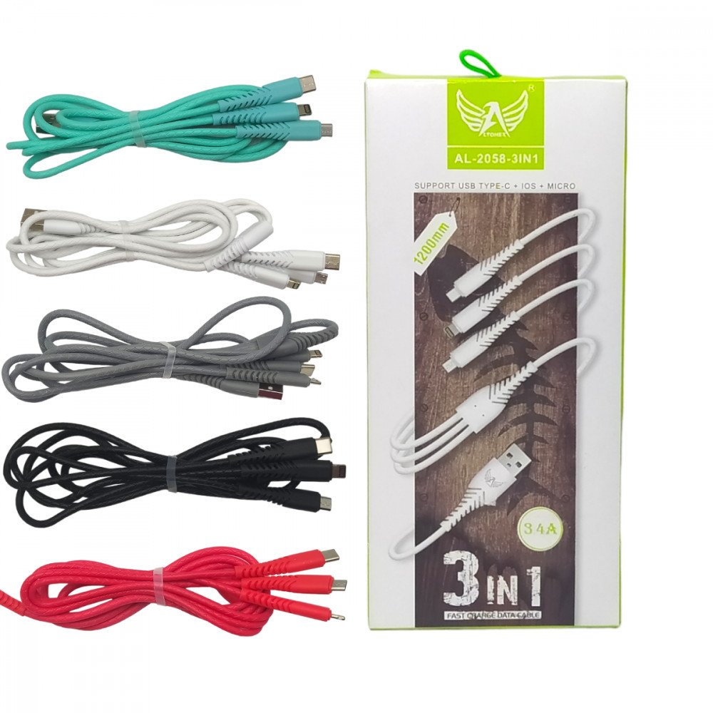 Cabo Carregador 3 in 1 conexão Tipo-C / V8 / Lightning de 1,2m 3.4A Altomex AL-2058
