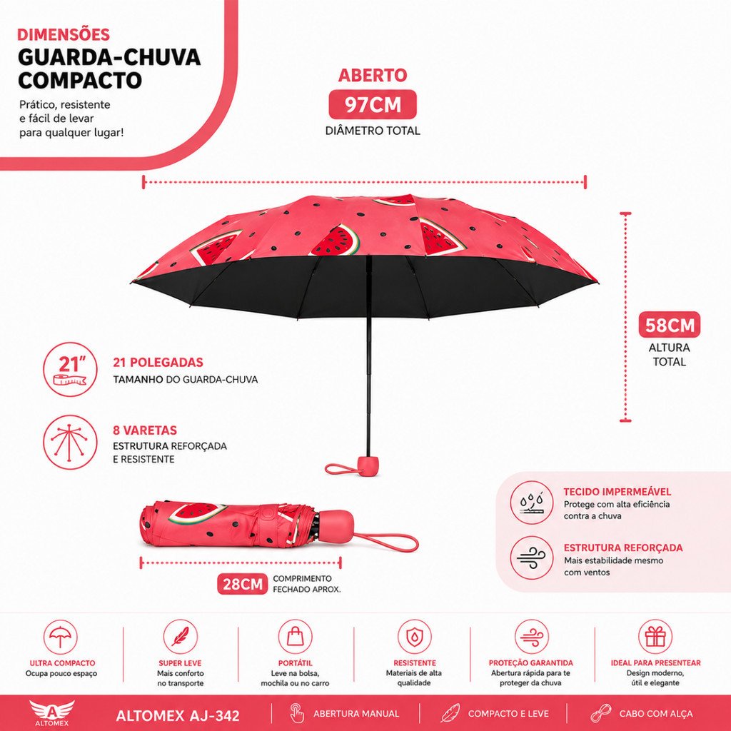 Guarda-Chuva Compacto Estampa de Frutas Verão 58cm Altomex AJ-342