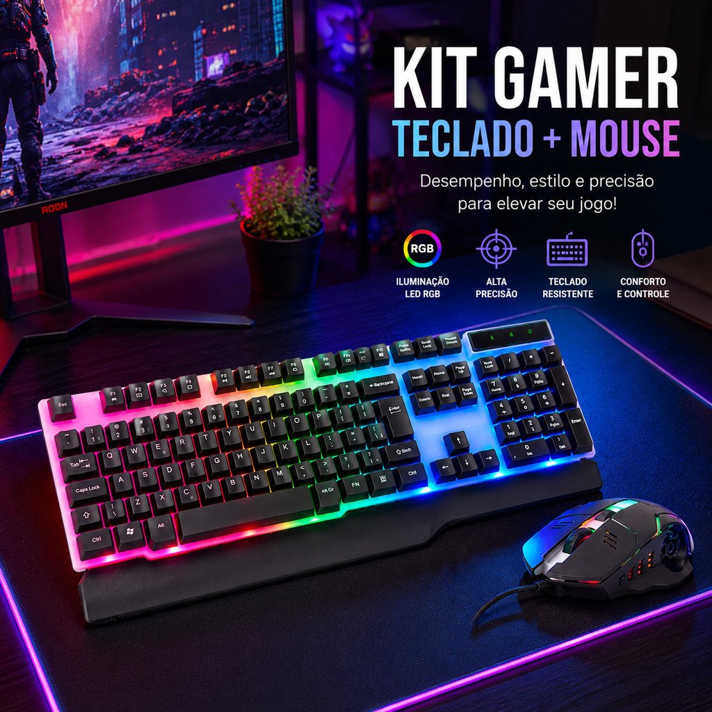 Kit Teclado E Mouse Gamer Semi Mecânico LED RGB Kapbom KA-688