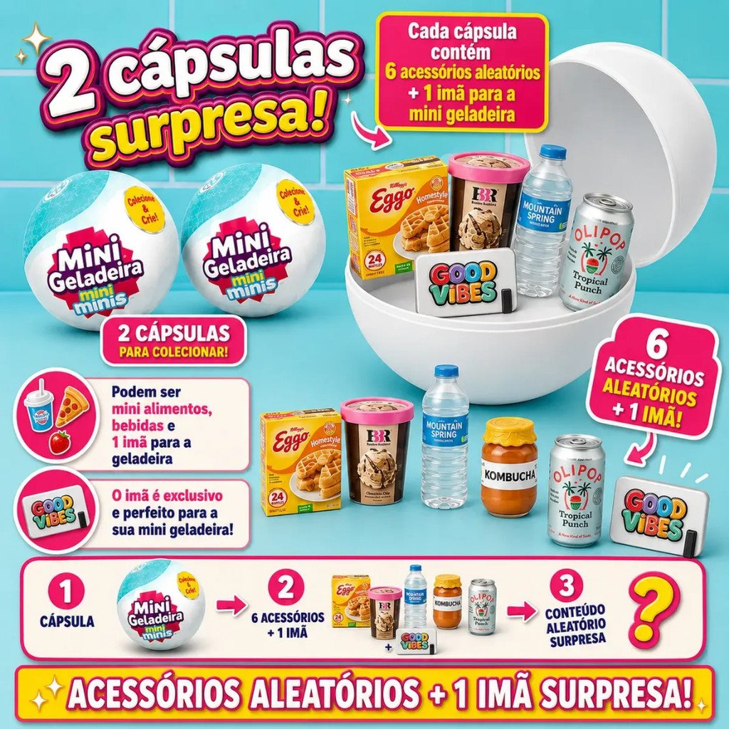 Mini Geladeira Colecionável Mini Minis com Luz LED + 2 Cápsulas Surpresa INMETRO TZ-8888