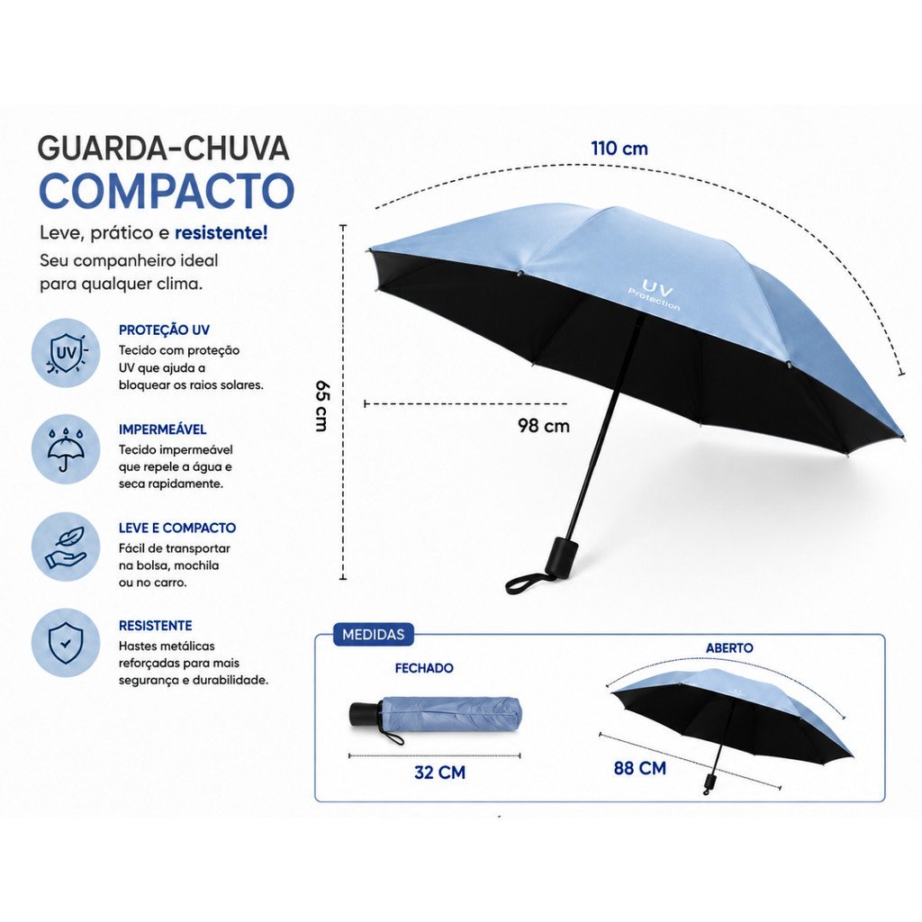 Guarda-Chuva Automatico Proteção UV Blackout 58cm Altomex AJ-354