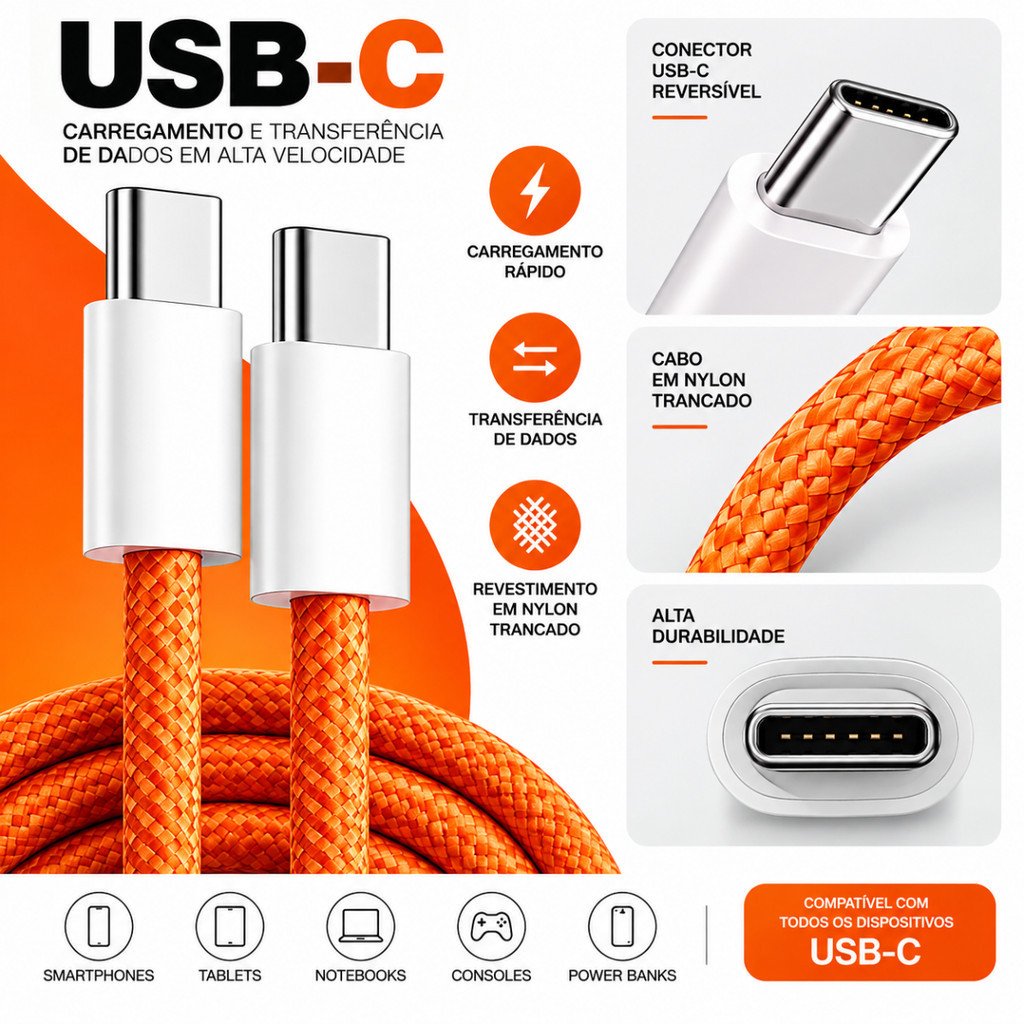 Cabo Carregador USB-C60W Turbo com Agulha Ejetora de Chip Laranja