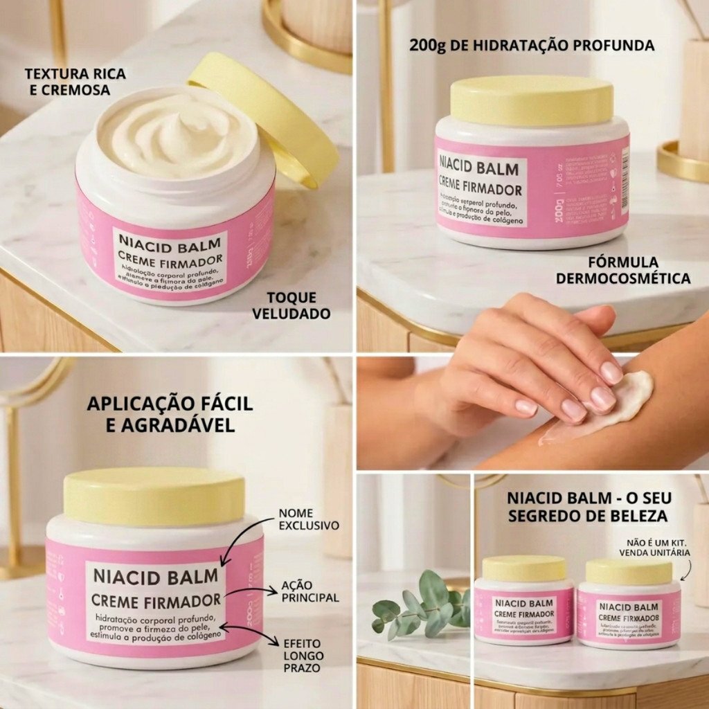 Kit Hidratante Corporal Pele Seca Niacid Balm Niacinamida Creme Firmador Colágeno 450ml + 200g