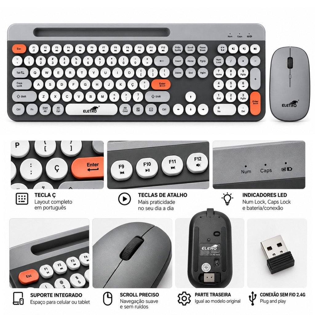 Kit Teclado e Mouse Sem Fio Bluetooth Suporte Celular Eletromex EL-2206