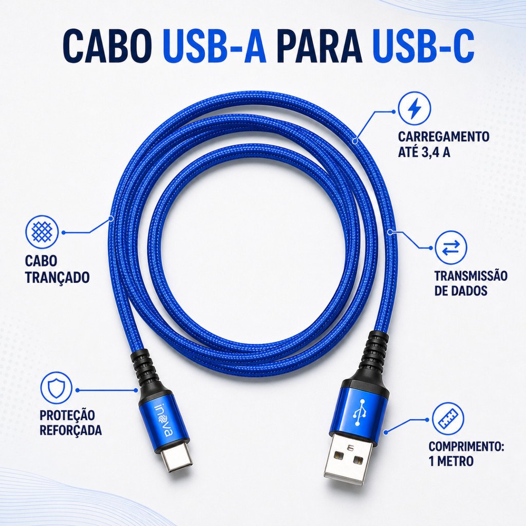 Cabo USB-A para USB-C 1 Metro 3,4A Trançado Reforçado INOVA MD-12465