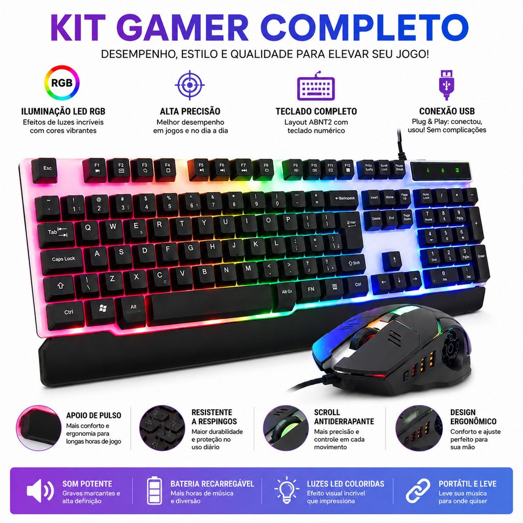 Kit Teclado E Mouse Gamer Semi Mecânico LED RGB Kapbom KA-688
