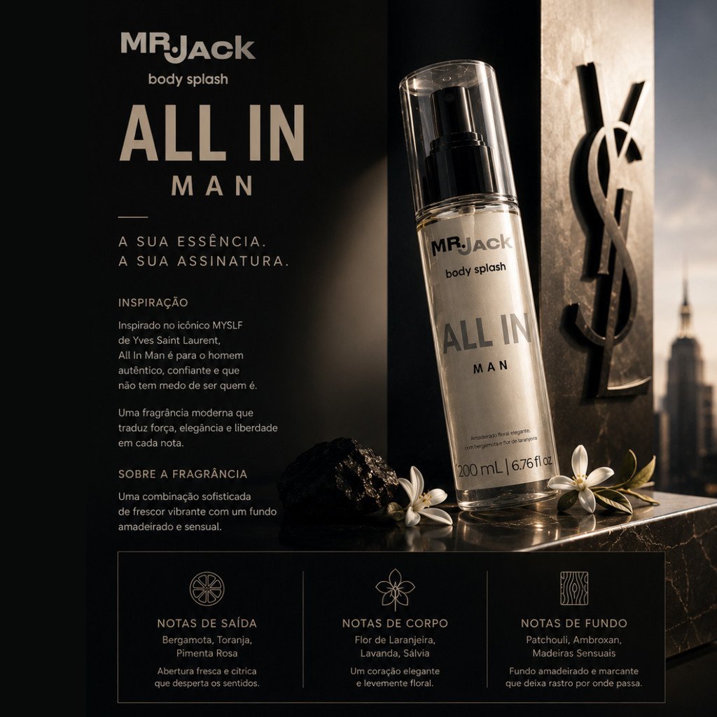 Body Splash Masculino Mr. Jack All In Man Amadeirado Floral 200ml Fragrância Refrescante