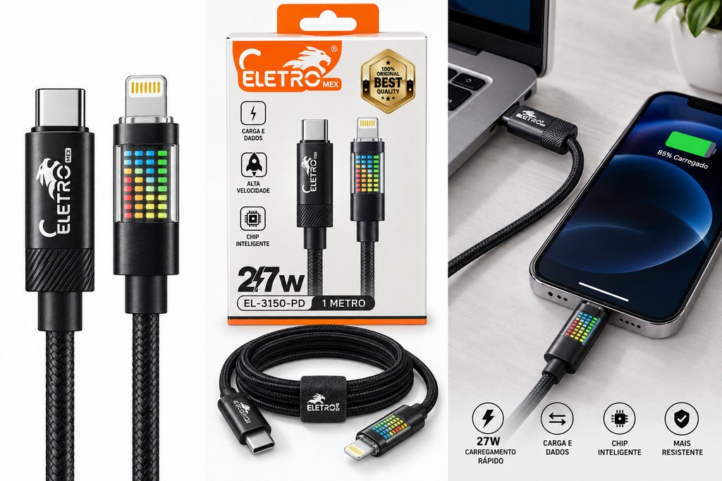 Cabo USB-C para Lightning 27W Carga e Dados 1m Preto Eletromex EL-3150-PD