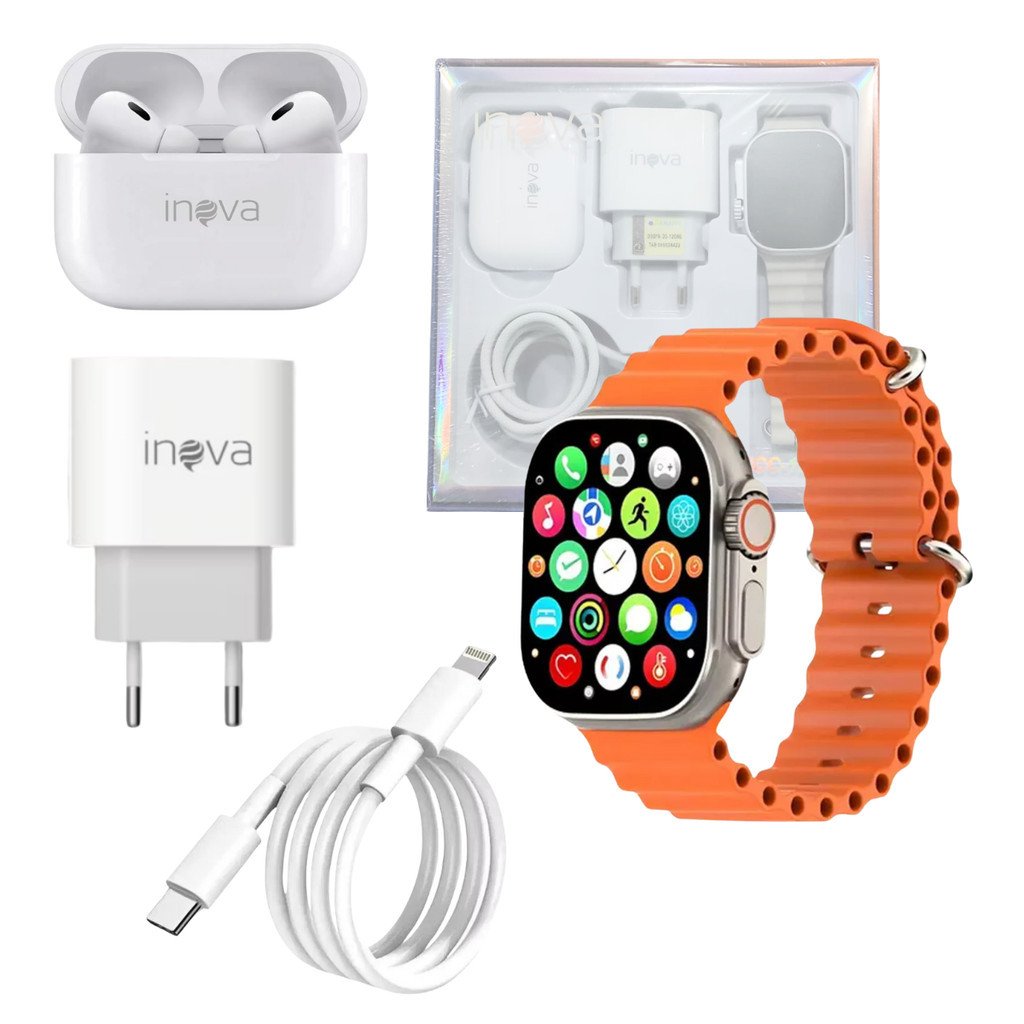 KIT Smartwatch 49mm + Fone Ouvido + Fonte TIPO-C + Cabo Lightning INOVA WFFCC-12756 (Ondulada)