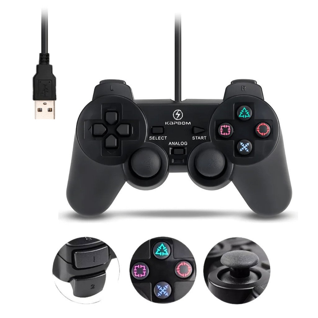 Controle Gamer USB Kapbom KAP-3 compatível com PS3 e PC Com Fio Plug Play Cabo 1,8m Analógicos Precisos