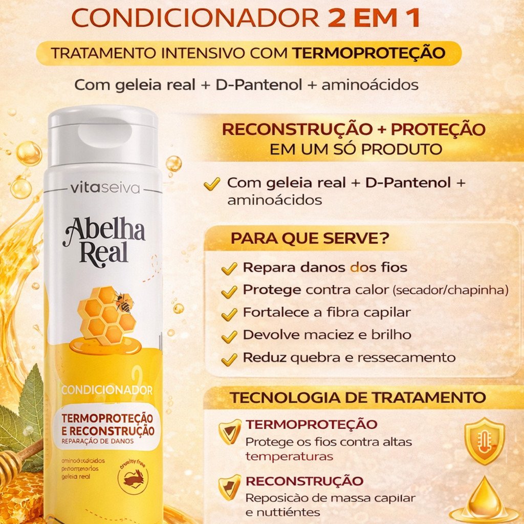 Condicionador Vita Seiva Abelha Real Geleia Real 300ml Termoproteção Reconstrução e Reparação Capilar
