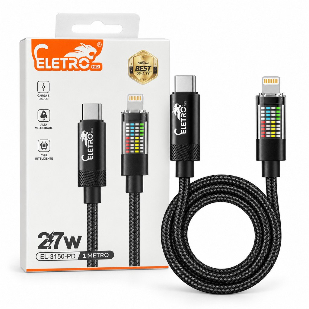 Cabo USB-C para Lightning 27W Carga e Dados 1m Preto Eletromex EL-3150-PD